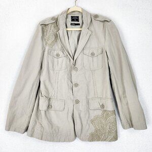 Marc Ecko Jacket Mens Medium Beige Linen Blend Safari Paisley Embroidered Blazer